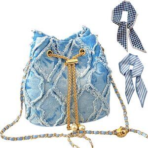 Elegant Quilted Denim Bucket Bag with 2 Hair Scarves - Chic Crossbody Design